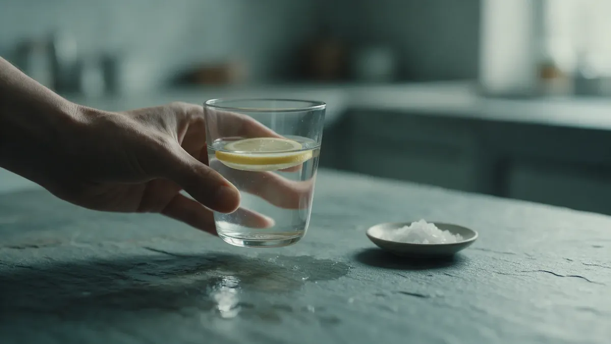 La mano di un adulto tiene un bicchiere d'acqua con una fetta di limone sopra un piano di ardesia, accanto a una ciotolina di sale.