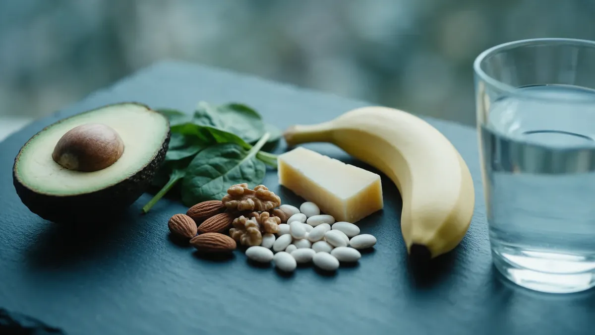 Avocado, spinaci, mandorle e noci, fagioli bianchi, un pezzo di formaggio stagionato, una banana e un bicchiere d'acqua su ardesia.