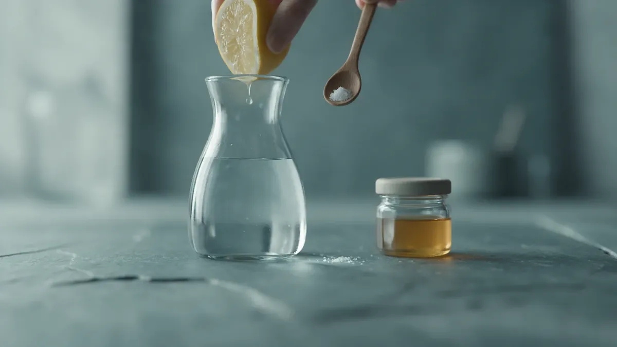 Una caraffa d'acqua, mezzo limone spremuto, un pizzico di sale su un cucchiaio di legno e un vasetto di miele.