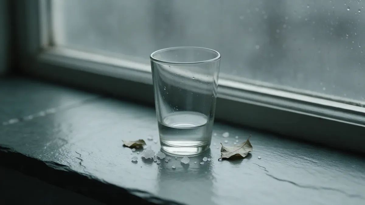 Un bicchiere d'acqua quasi vuoto sul davanzale con qualche cristallo di sale e una foglia secca, davanti a una finestra con la pioggia.