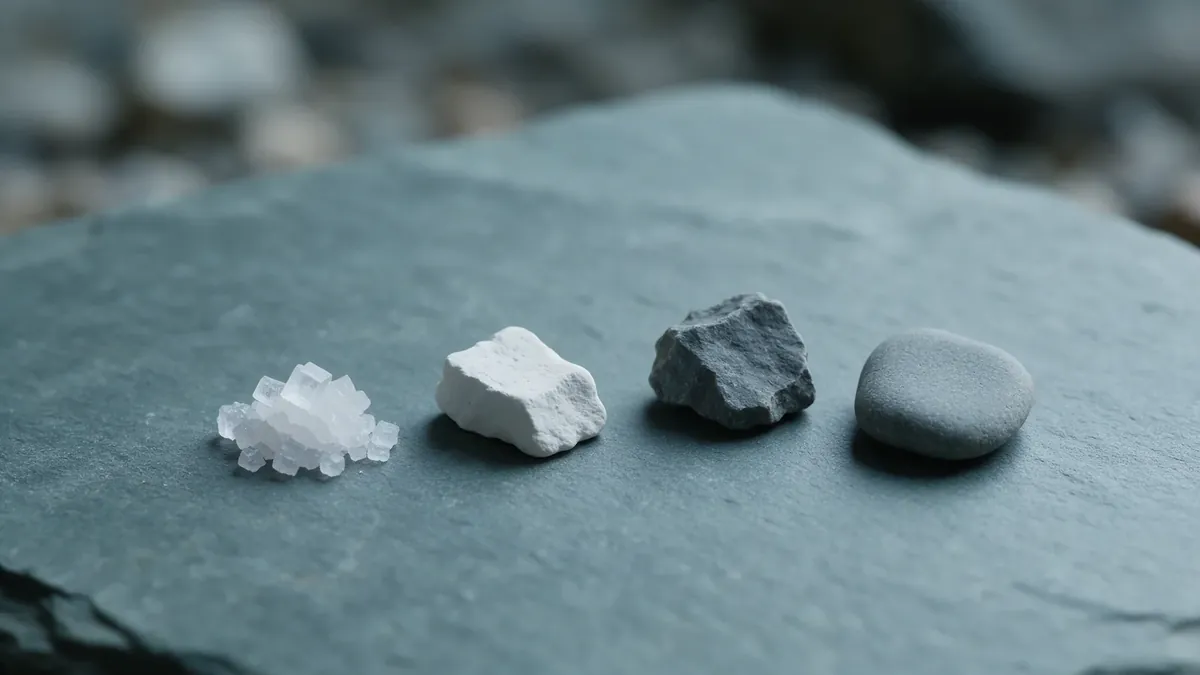 Una fila di campioni minerali su ardesia: cristalli di sale, calcare bianco, una pietra scura e un ciottolo grigio.