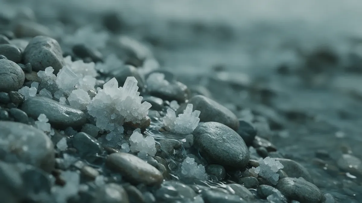 Primo piano di cristalli di sale e ciottoli di fiume bagnati, con acqua limpida che scorre tra le pietre.