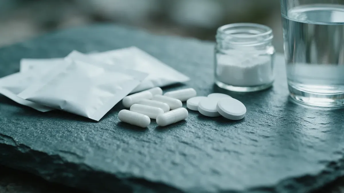 Bustine, capsule, compresse effervescenti e un barattolo di polvere bianca senza marca su ardesia scura, accanto a un bicchiere d'acqua.